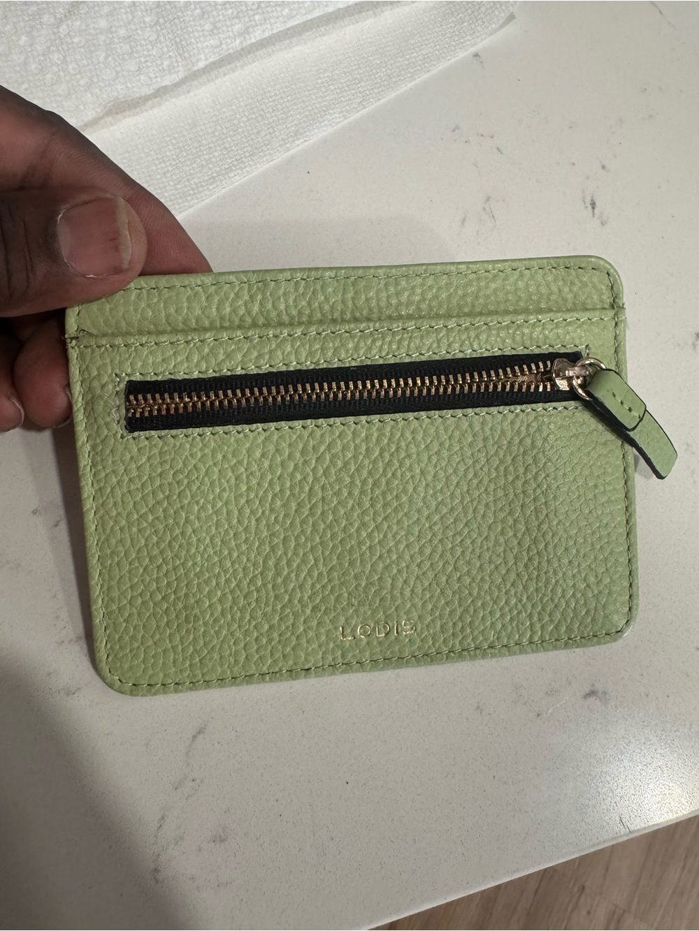Lodis Light Green Pebbled Leather Zip Card Case
